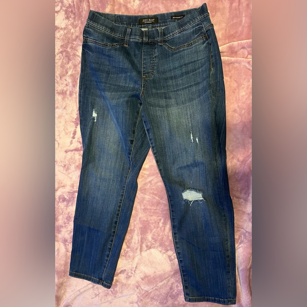 JUDY BLUE WORLAND HIGH-RISE DARK WASH PULL -ON BOYFRIEND JEGGINGS SIZE 14